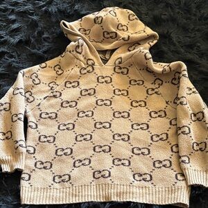Beige Logo-Pattern Hooded Knit Sweater